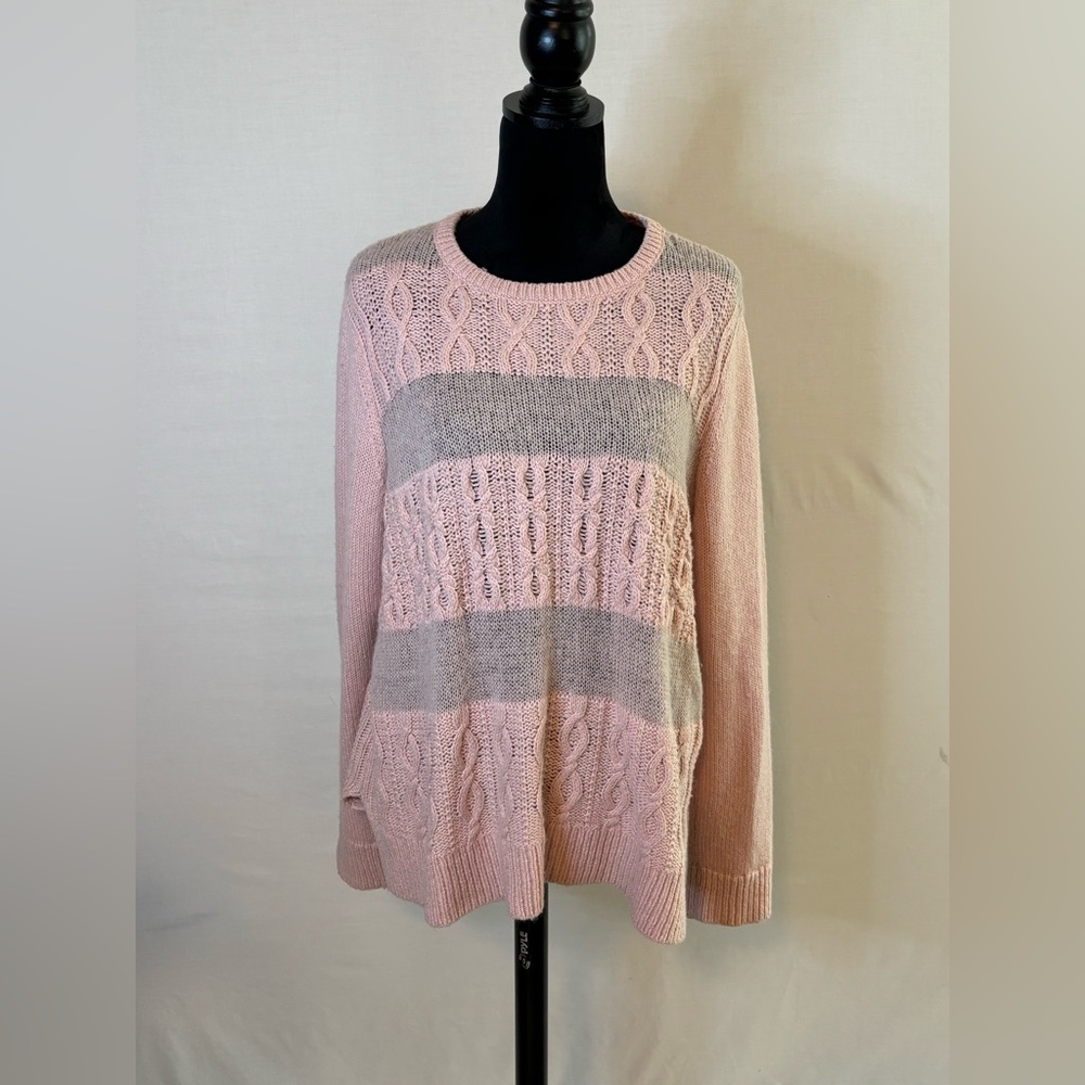 LOFT Pink and Gray Crew Neck Sweater with Cable Knit